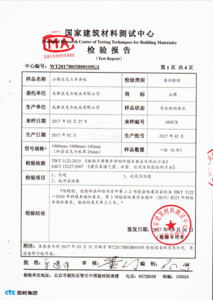 中国 Chengdu Cast Acrylic Panel Industry Co., Ltd 認証